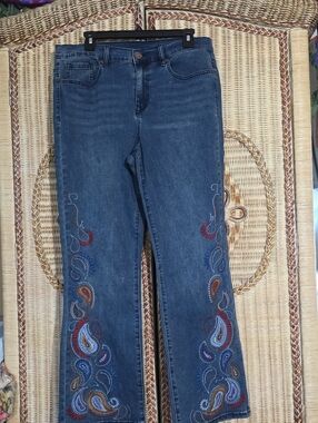 DG2 by Diane Gilman Dark Blue Flare Jeans with Multicolor Paisley Embroidery